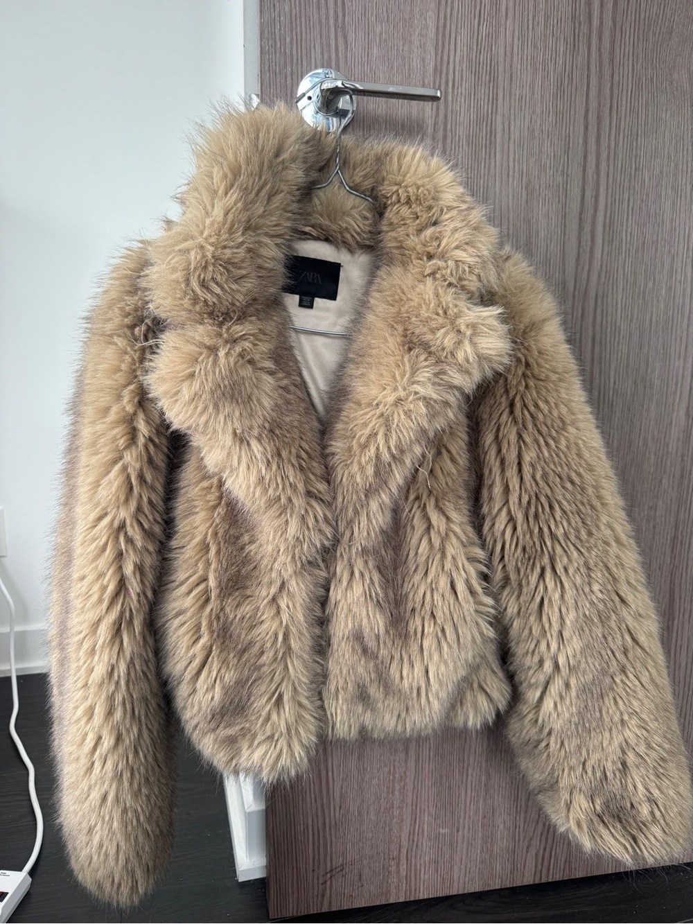 Zara Tan Teddy Faux-Fur Cropped Jacket